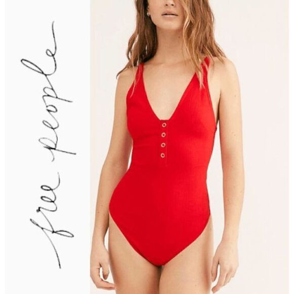 ❤️ FREE PEOPLE Larissa Tank V-Neck Thong Snap Button Red Bodysuit SIZE S - Picture 1 of 16